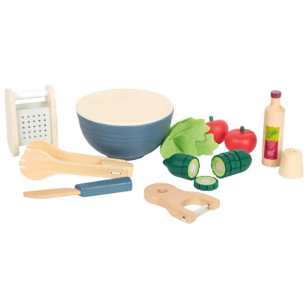 Ensemble complet de salade en bois, comprenant un bol, des légumes, un couteau et une râpe