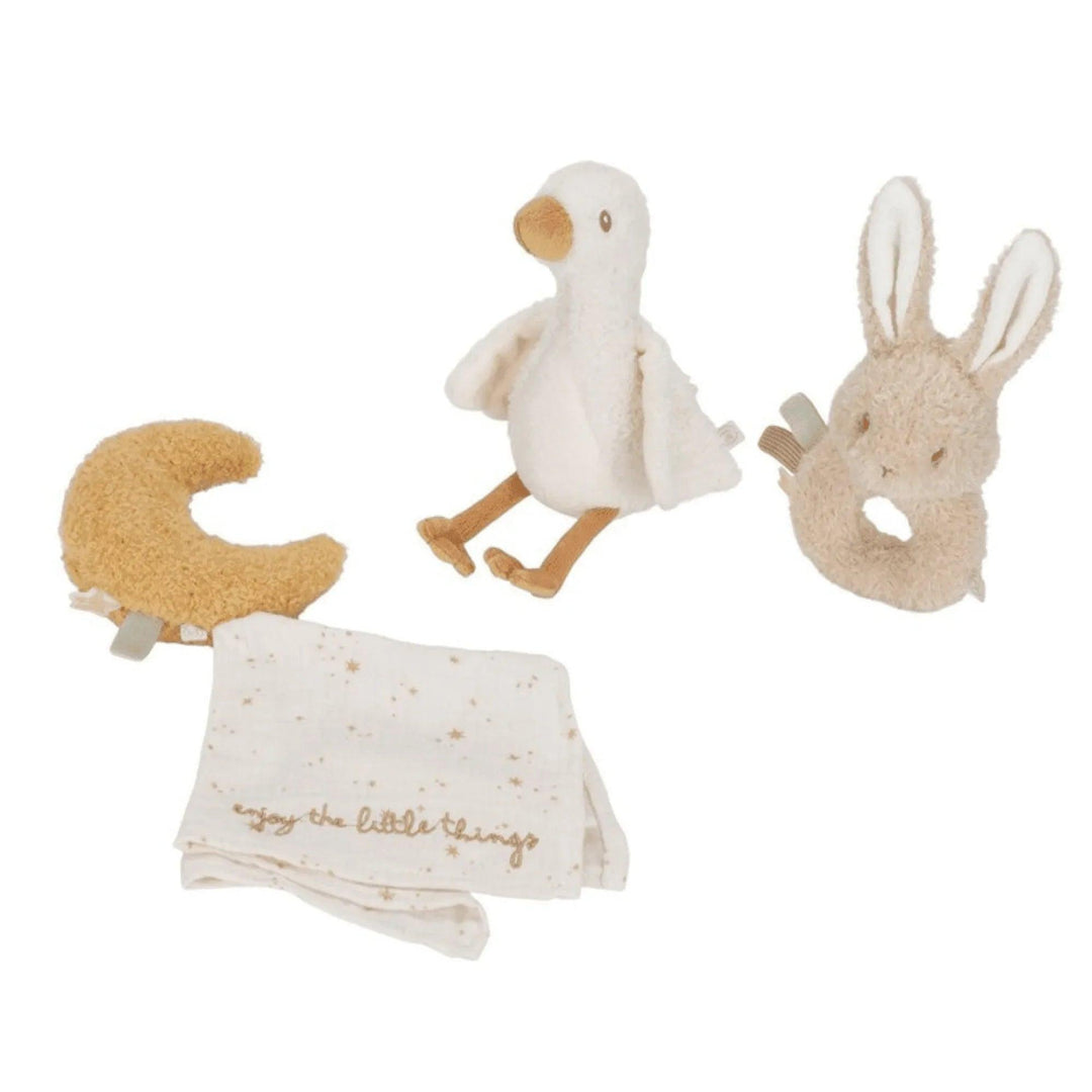 Ensemble de jouets pour bébé Little Dutch avec une oie en peluche, un lapin hochet, une lune douce et de la mousseline dans des tons neutres