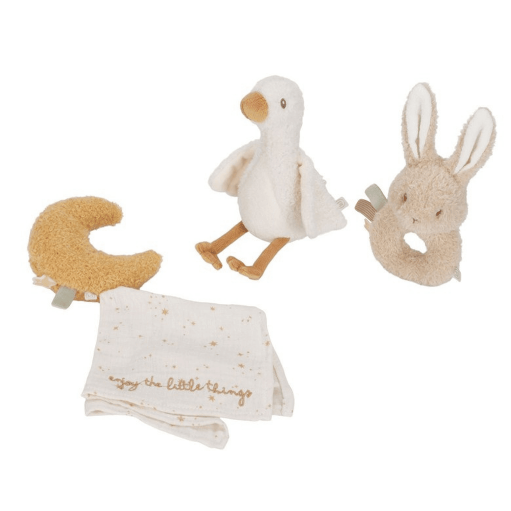 Set de juguetes para bebé Little Dutch con ganso de peluche, conejo sonajero, luna suave y muselina en tonos neutros
