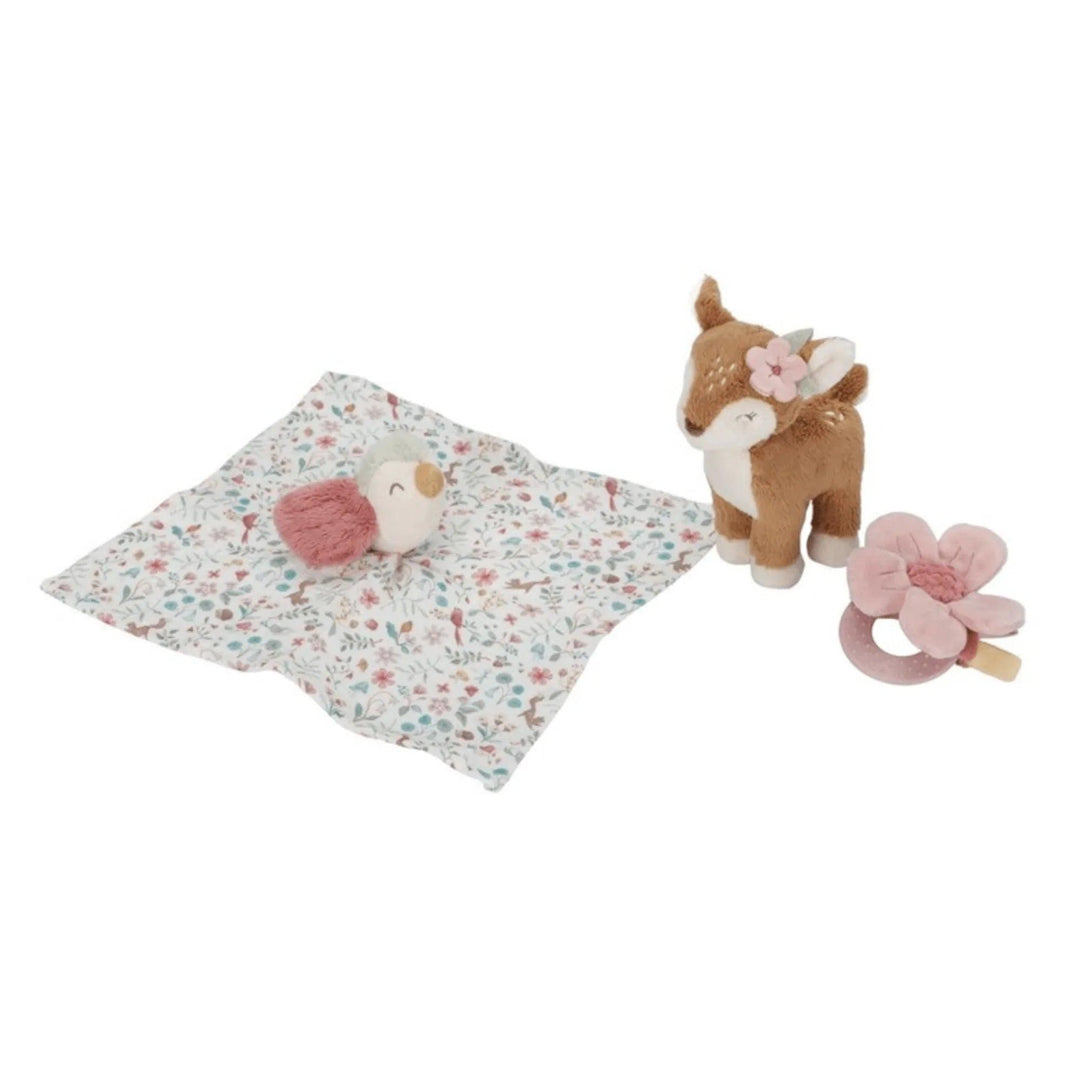 Gift set with a plush deer, a printed blanket, and a teething flower for babies