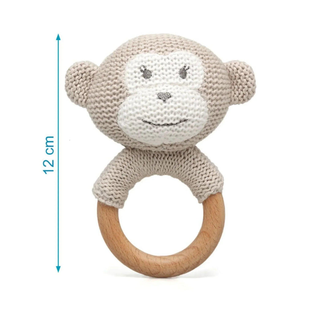 Hochet de dentition pour bébé singe de 12 cm avec anneau en bois.