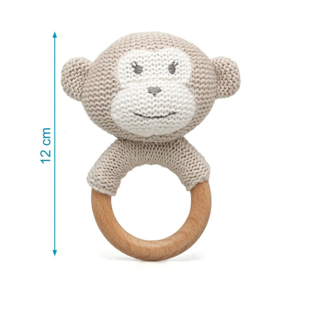 12cm baby monkey teething rattle with wooden ring.