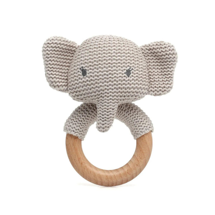 Baby teether with crocheted elephant and natural wood ring