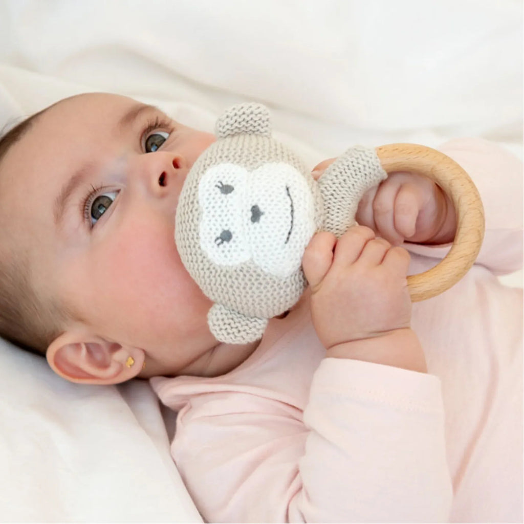 Baby playing with a woven monkey teething rattle with a natural wooden ring.