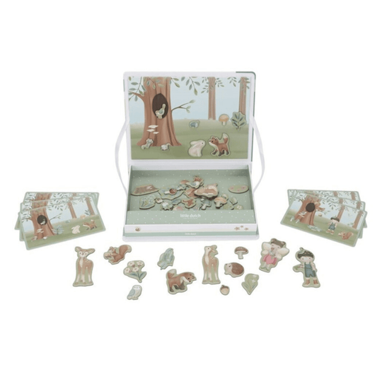 Plateau magnétique Forest Friends de Little Dutch avec des pièces et des cartes représentant la forêt
