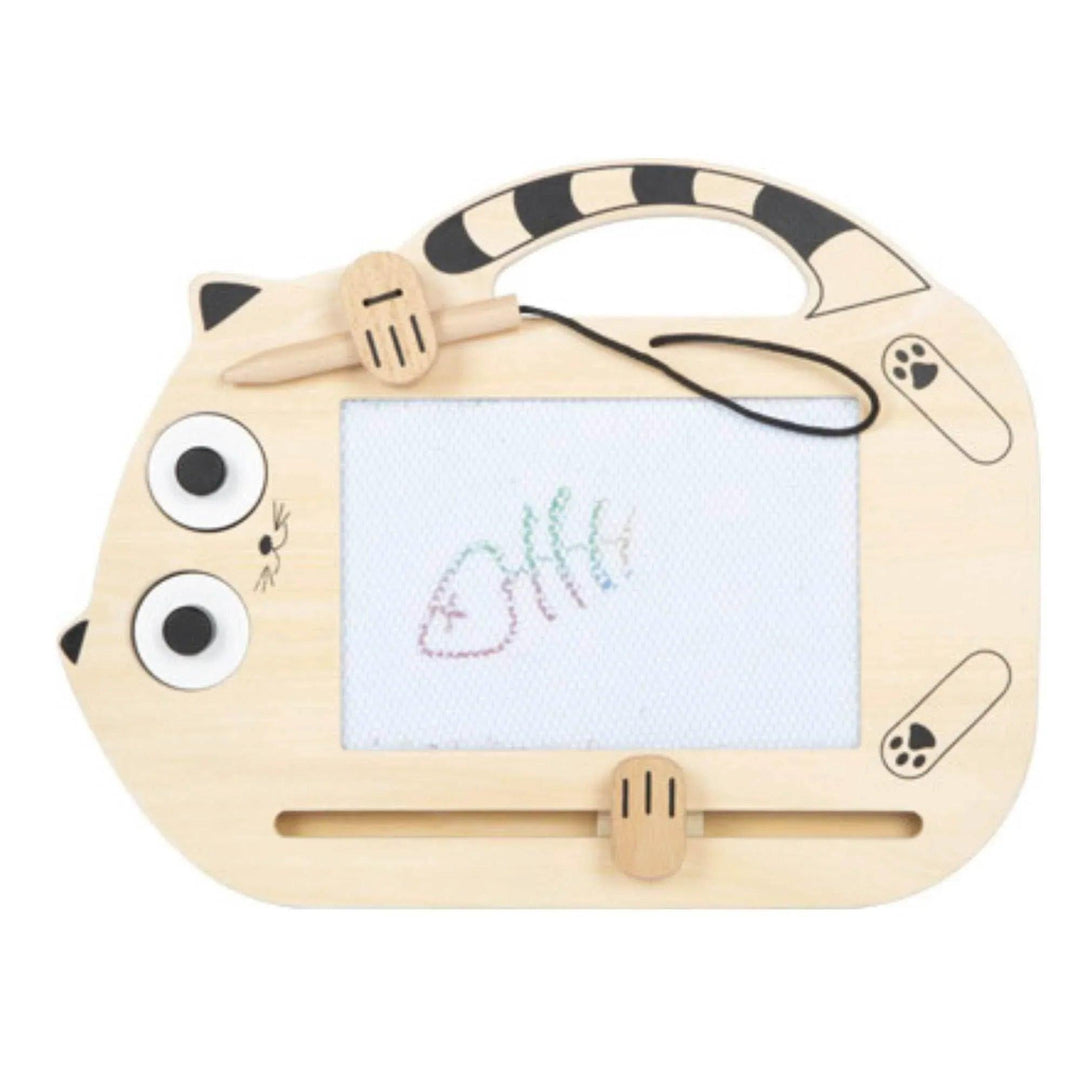 Lavagna magnetica in legno per bambini con disegno di un gatto e motivo a spina di pesce sullo schermo