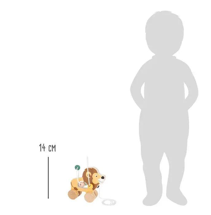 Confronto delle dimensioni del giocattolo in legno da tirare a forma di leone, alto 14 cm, ideale per neonati e bambini piccoli