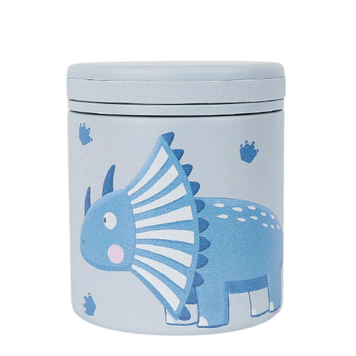 Children's stainless steel food thermos with a blue triceratops dinosaur design. Keeps food hot or cold, ideal for kids.
