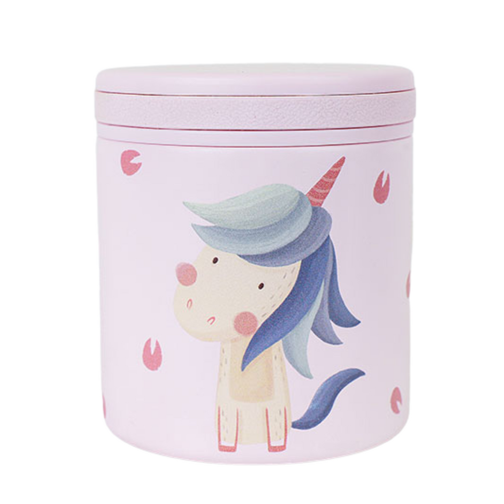 Termo infantil para comida de acero inoxidable con diseño de unicornio rosa y azul. Ideal para mantener alimentos calientes o fríos, perfecto para niños