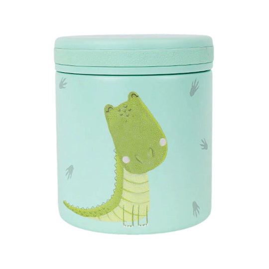 Children's stainless steel food thermos with a green crocodile design. Keeps food hot or cold, ideal for children.