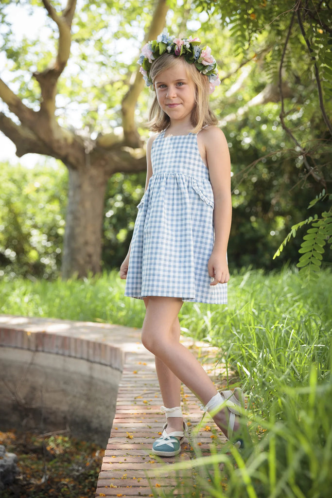 vestido de verano para niña de cuadros vichy, azul y blanco