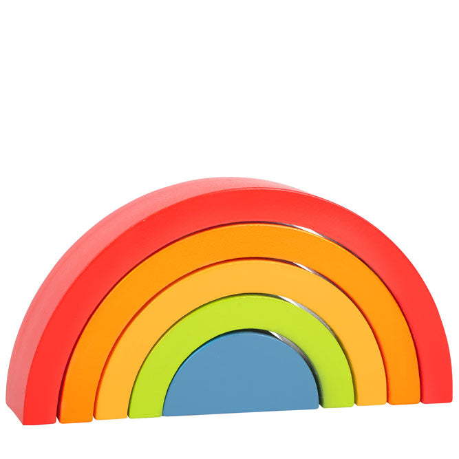 Waldorf. Los juguetes de arcos de madera en colores del arco iris son versátiles y se pueden utilizar para clasificar, construir y apilar. Un arco iris  de motricidad De 1 a 3 años