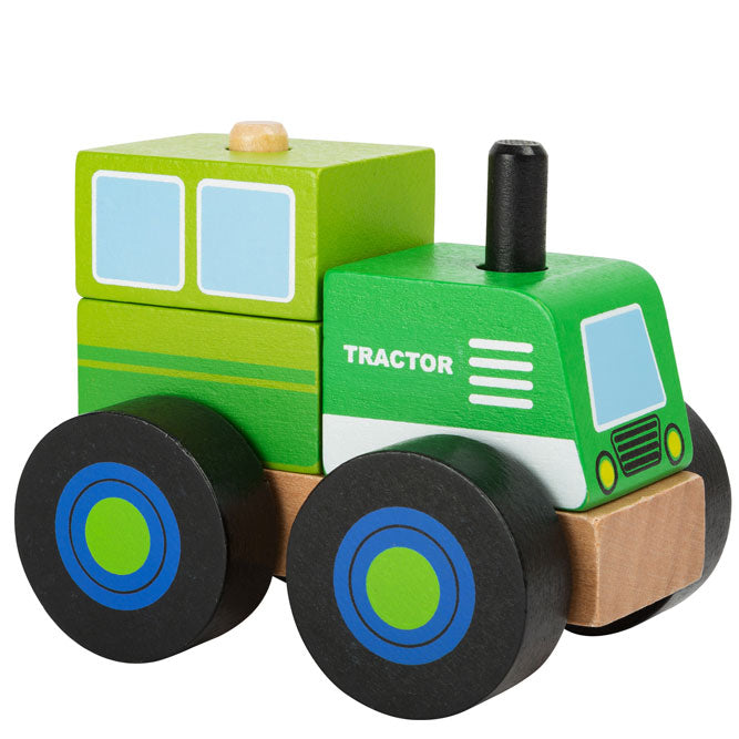 Tractor de juguete en madera y pintado en verde.