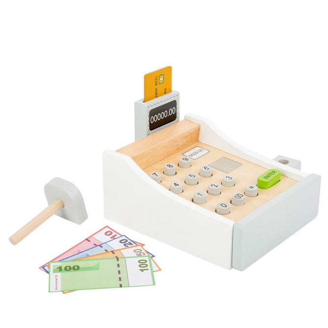 Caja registradora, con dinero de juguete, tarjeta y escaner todo en madera