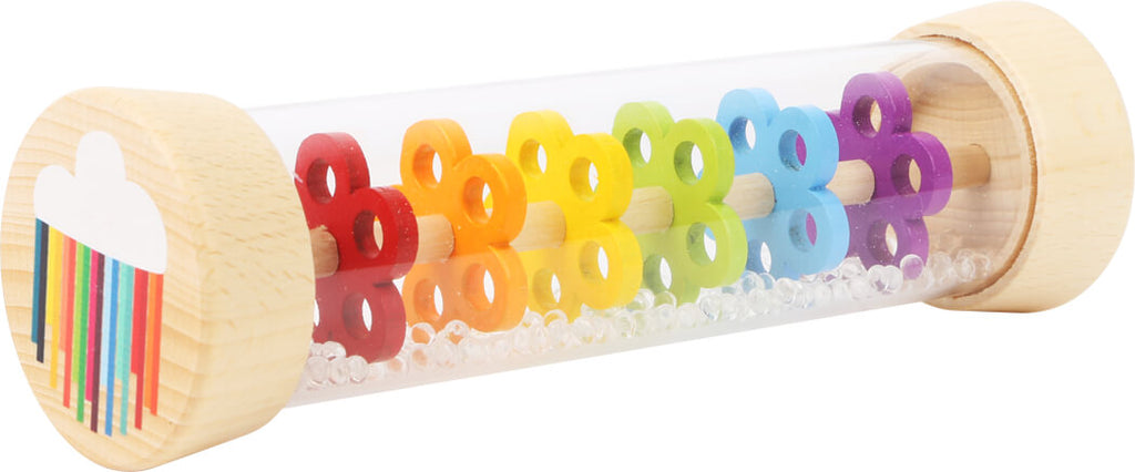 Juguete BARRA DE LLUVIA, sonajero. niños de 0 a 1 año. émbolo de plástico transparente de la barra de lluvia proporciona una visión clara de las perlas de vidrio que se filtran a través de las seis placas perforadas de colores en forma de flores.