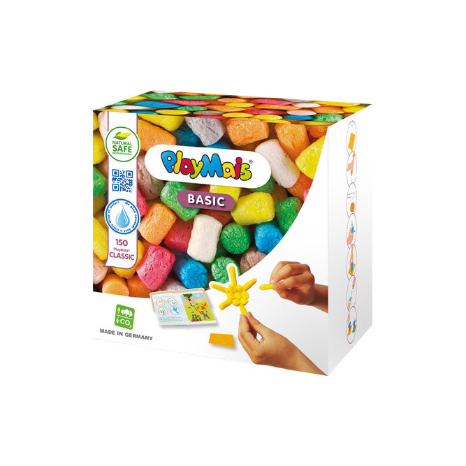 La caja contiene PlayMais® hechos de almidón de maíz teñido con colorante alimentario. Al humedecerlo, se activa el poder adhesivo natural y puede comenzar la diversión de la artesanía tridimensional.