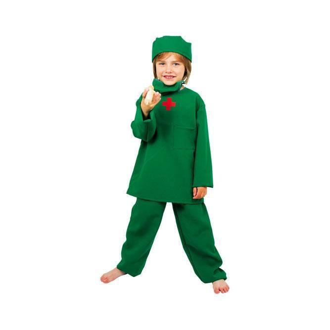 Costume da chirurgo, di colore verde, con maschera e berretto inclusi.