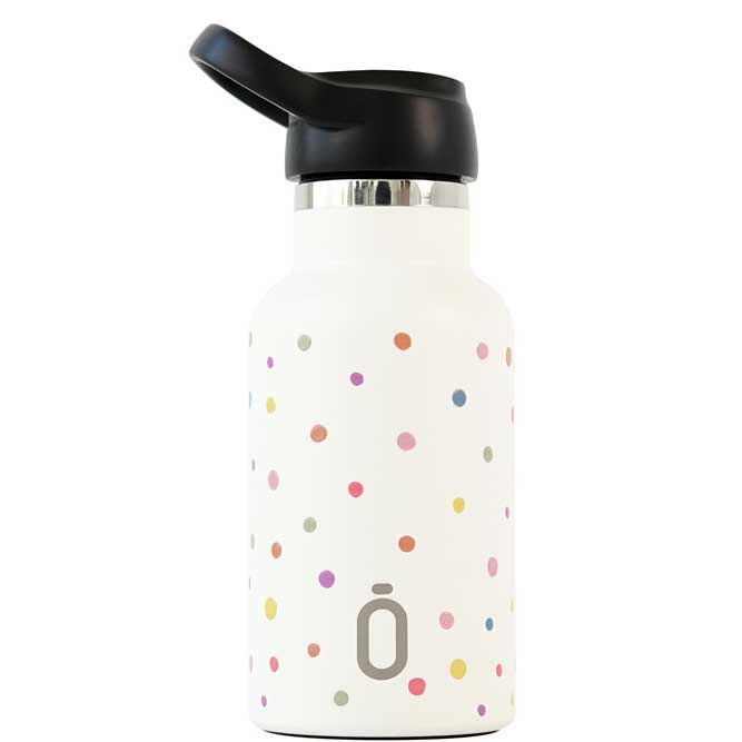 Botella termo Runbott, dibujo de topos de colores con fondo blanco, tapón especial niños.