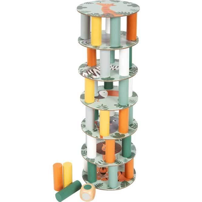 Torre traballante. In questo gioco, costruisci una torre composta da "piani" di blocchi di legno. A turno, rimuovi i "pilastri" con mano calma e abile, senza far crollare la torre! Il dado colorato indica quale blocco verrà rimosso per primo.