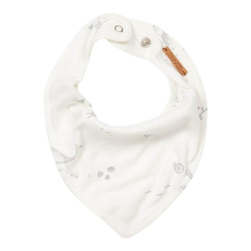 Bandana bib, 100% cotton, absorbs moisture while eating. It can also be used as a bib drier. It features a very soft print on a white background with a gray nautical motif.
