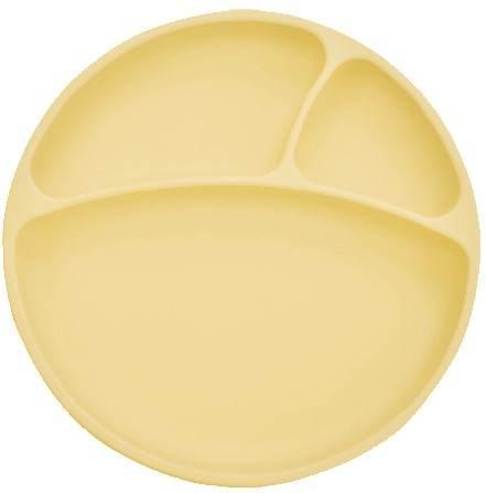 Plato para bebe de silicona con tres divisiones en color amarillo pastel.