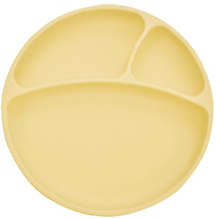 Plato para bebe de silicona con tres divisiones en color amarillo pastel.
