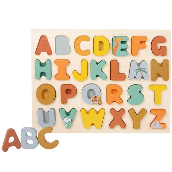 Gioco di pizzo con l'alfabeto in legno, lettere sciolte illustrate con tema animali safari, ideale per l'apprendimento prescolare
