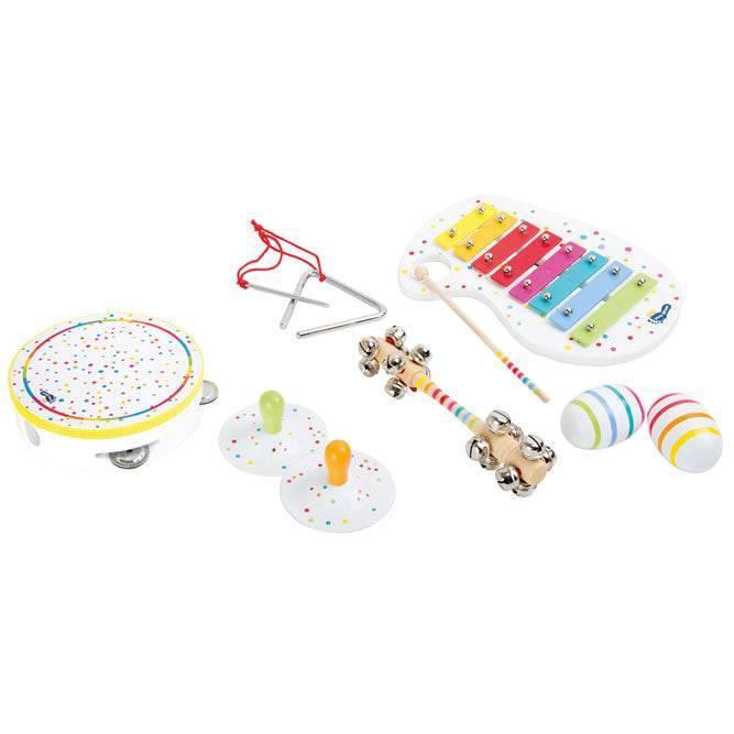 Ensemble d'instruments de musique en bois coloré, comprenant un xylophone, un tambourin, des maracas, un triangle et des cloches