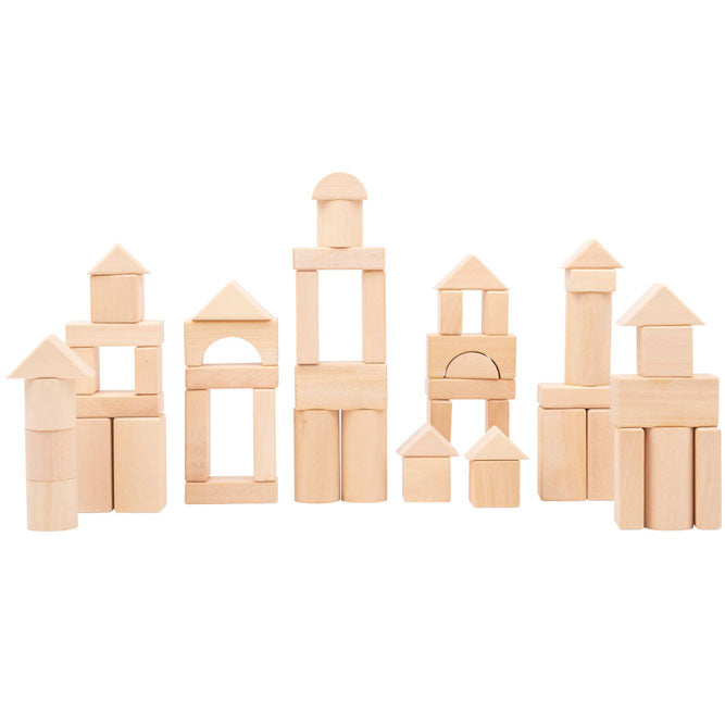 Set de bloques de construcción en madera natural, ideal para fomentar la creatividad y el desarrollo motor en niños