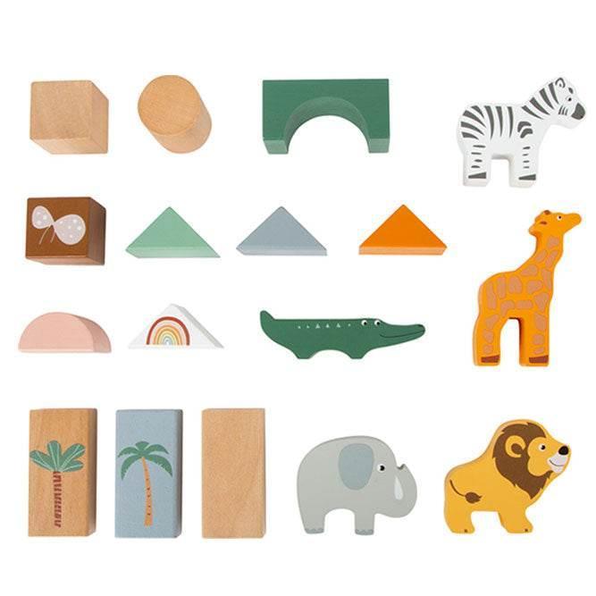 Set di blocchi da costruzione in legno con figure di animali da safari, ideale per neonati e bambini piccoli