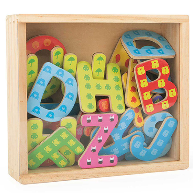 Caja de madera con letras magnéticas de colores, juguete educativo ideal para el aprendizaje del abecedario y la formación de palabras