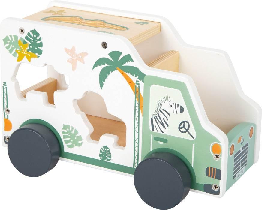 Camion giocattolo in legno con animali da incastrare, design educativo safari per bambini