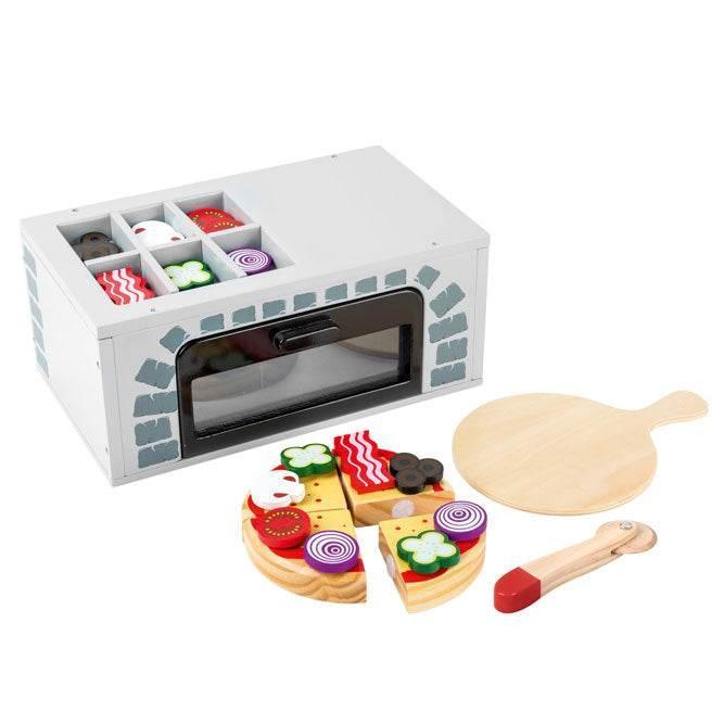 Set da pizzeria in legno per bambini con forno, ingredienti e spatola, perfetto per giochi di fantasia e creatività.