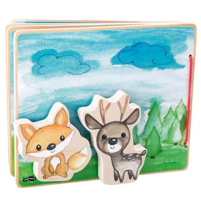 Libro di fiabe interattivo in legno con illustrazioni naturalistiche e figure di animali, perfetto per l'apprendimento sensoriale dei bambini.