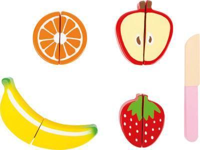 Ensemble de découpes de fruits en bois avec velcro, comprenant banane, orange, pomme et fraise avec couteau jouet pour jeu symbolique