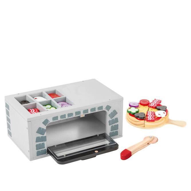 Forno per pizza giocattolo in legno con ingredienti e accessori, ideale per giochi di cucina creativi per bambini.