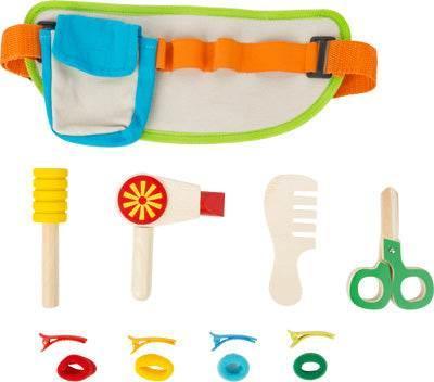 Cintura da parrucchiere giocattolo per bambini con strumenti in legno, tra cui forbici, pettine e accessori per giocare a fare i parrucchieri.