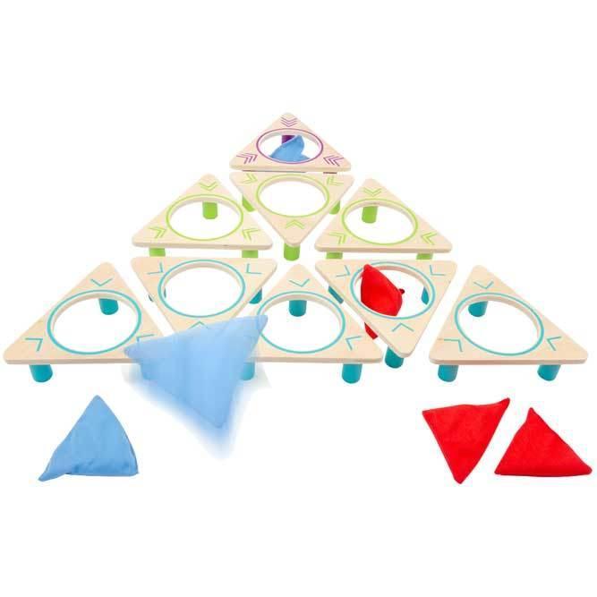Sack toss game with a wooden base, ideal for developing children's aim and coordination.