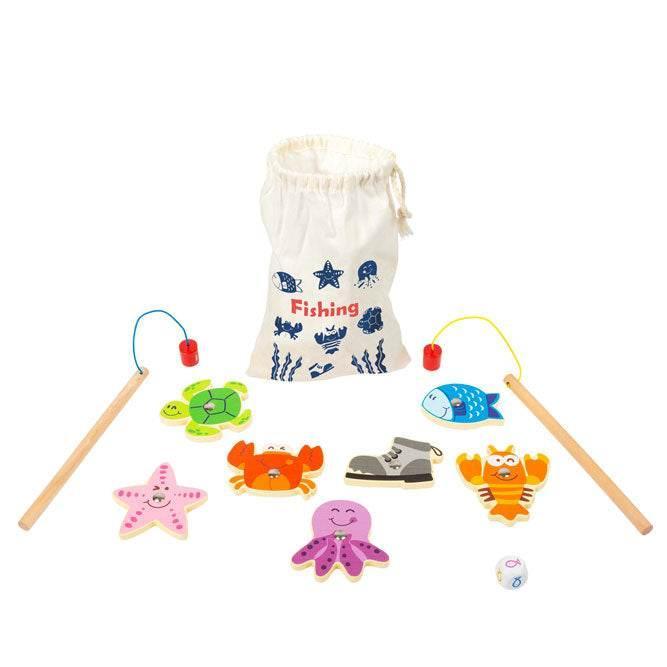 Gioco di pesca magnetico in legno con canne e personaggi marini, ideale per sviluppare la coordinazione e le capacità motorie dei bambini.