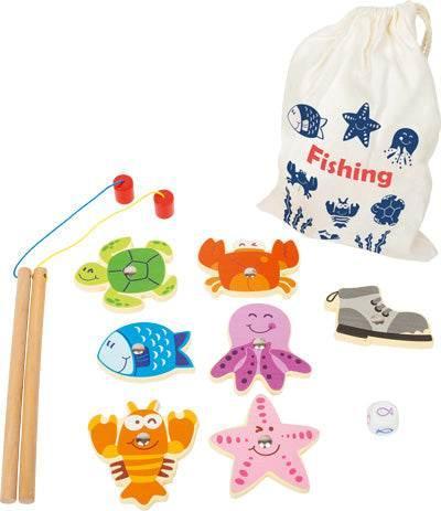 Gioco di pesca magnetico con canne e figure di animali marini in legno, pensato per i più piccoli