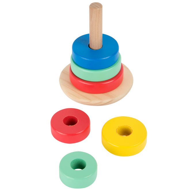 Juguete apilable de madera con anillos de colores sobre base redondeada