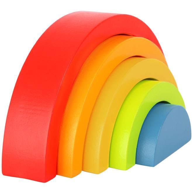 Questi giocattoli ad arco in legno color arcobaleno sono versatili e possono essere utilizzati per ordinare, costruire e impilare. Un arcobaleno di abilità motorie Waldorf. Per bambini da 1 a 3 anni.