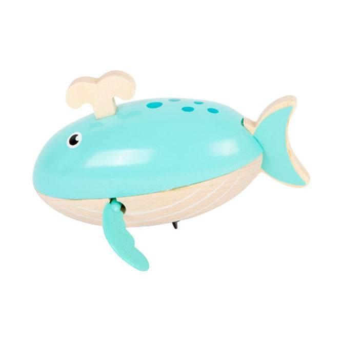 Balena giocattolo in legno blu con pinne mobili, ideale per giocare in acqua o per il bagnetto dei più piccoli