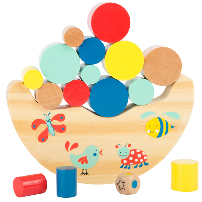 Juego de equilibrio de madera con cilindros de colores y base en forma de media luna con ilustraciones de animales