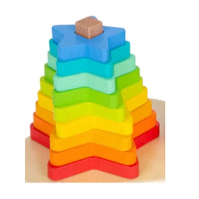 Stelle di legno impilabili dai colori vivaci, un giocattolo educativo per sviluppare la coordinazione occhio-mano e la percezione visiva nei bambini.