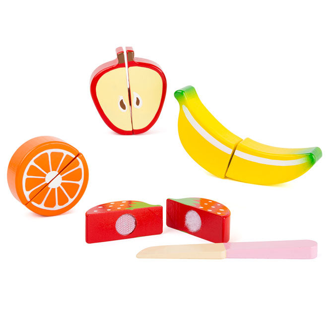 Set de frutas de madera con velcro y cuchillo de juguete para niños, ideal para juegos de rol y aprendizaje sensorial
