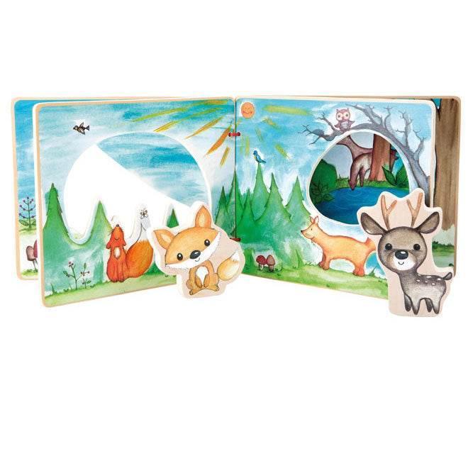Libro interattivo in legno con illustrazioni di animali della foresta e figure interconnesse, ideale per l'apprendimento e il divertimento dei bambini.