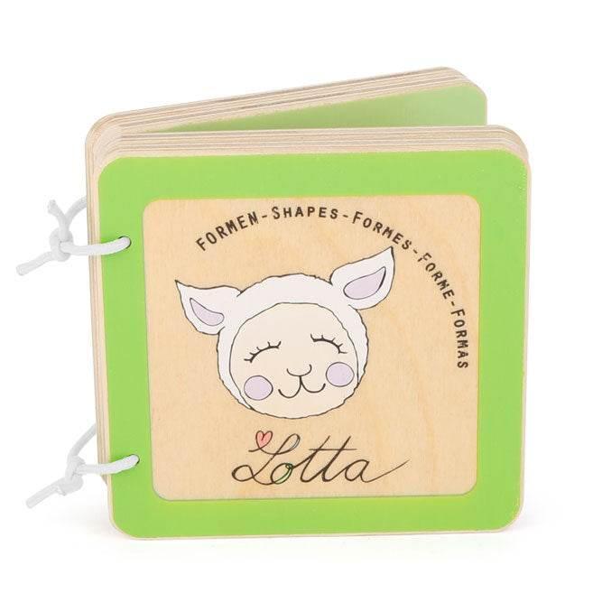 Libro didattico in legno per bambini con illustrazioni di forme e del personaggio Lotta, ideale per l'apprendimento precoce