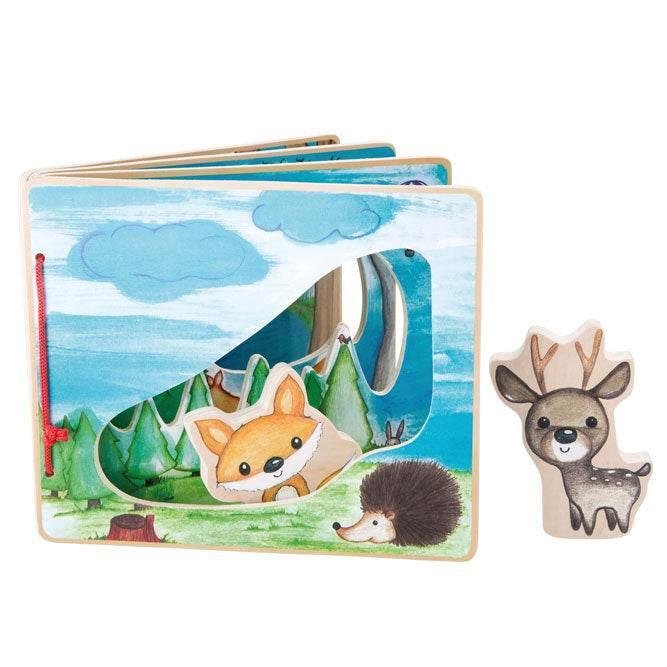 Libro didattico in legno con tema gli animali della foresta, comprende figure ad incastro per stimolare la creatività dei bambini.