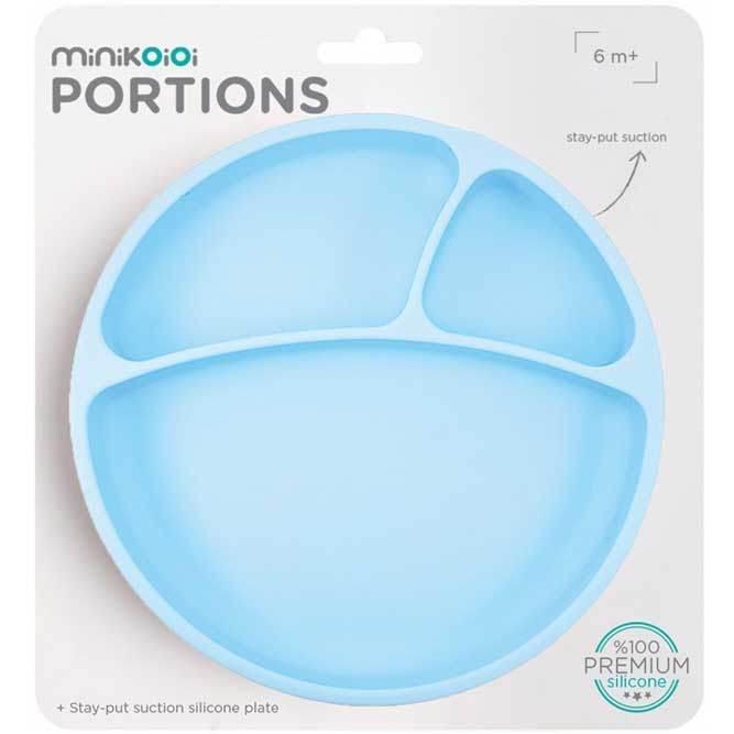 Plato para bebe de silicona con tres divisiones en color azul pastel.